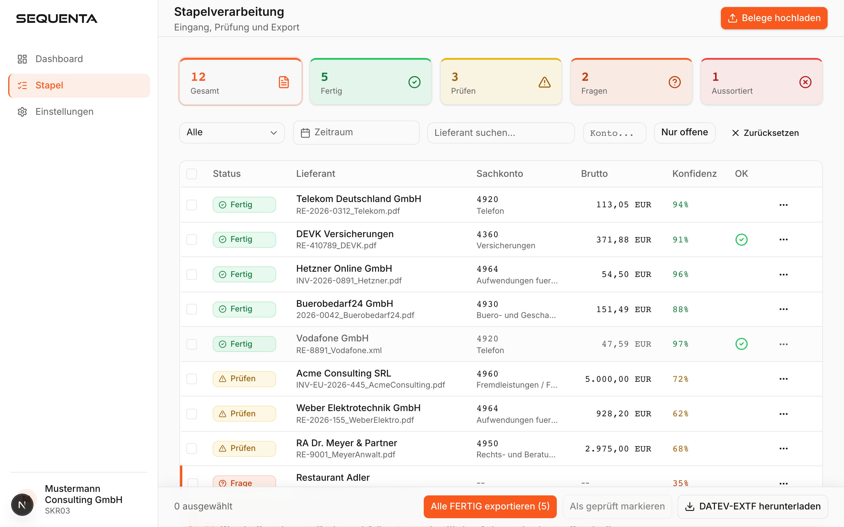 Stapelverarbeitung — Belegliste mit Konfidenz-Scores
